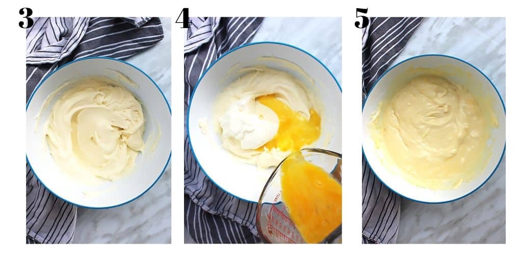 Three shots to show how to make the cheesecake filling