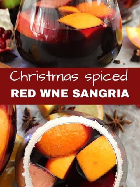 Pineterst graphic. Two pictures of Christmas red wine sangria with text separater