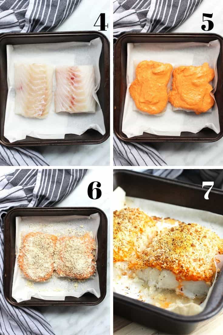 Four shots to show how to prep the cod fillets before cooking