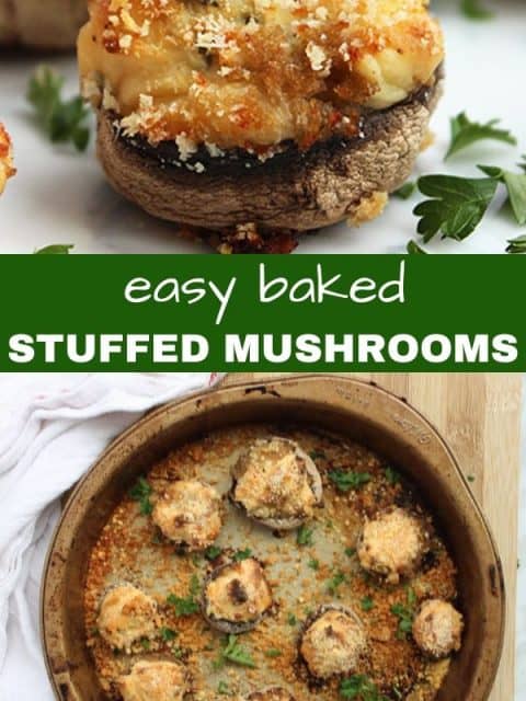 Pinterest graphic. To photos of baked stuffed mushrooms with text separator