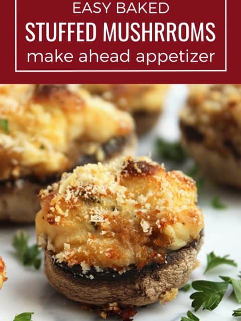 Pinterest grahic. A baked stuffed mushrooms with text overlay