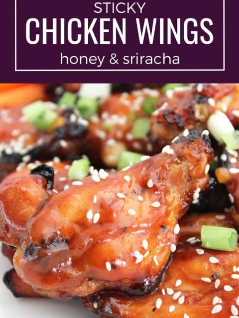 Pinterest graphic. Photo of sticky chicken wings with text overlay