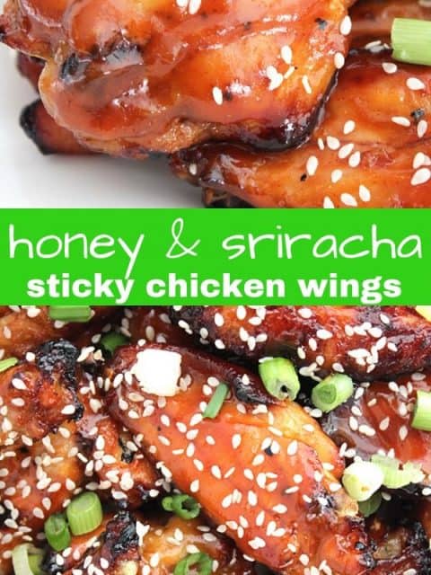 Pinterest graphic. Two photos of sticky chicken wings with a text separator