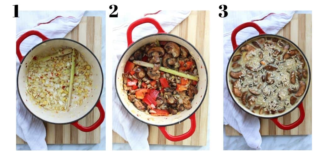 Three shots to show how to make the dish in a dutch oven