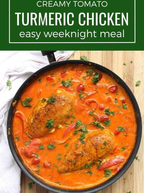 Pinterest image. Turmeric chicken cooked in a skillet with text overlay