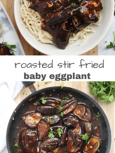 Pineterst graphic. Two photos of stir fried baby eggplant with text separator