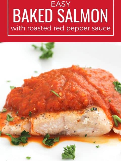 Pinterest graphic. A side view of the salmon topped with sauce with a text overlay