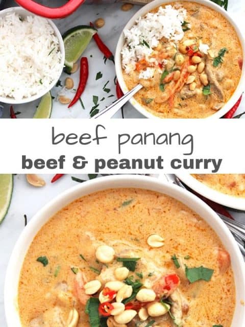 Pinterest graphic. Two photos of the panang curry with text separator