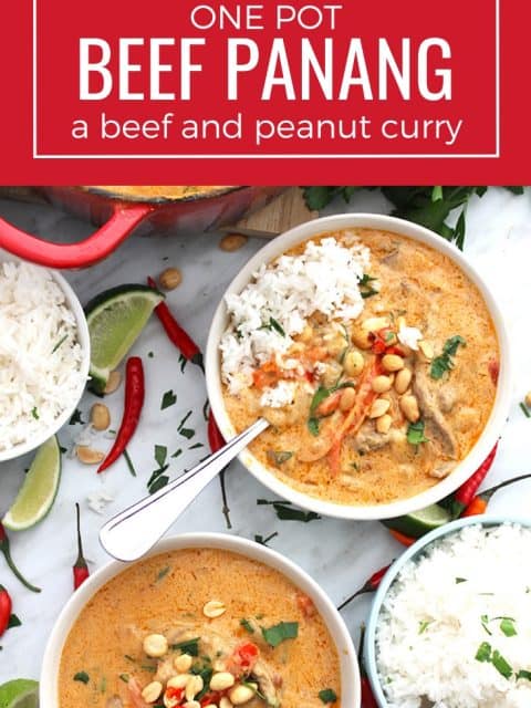Pinterest graphic. Beef panang curry served in white bowls with rice with text overlay