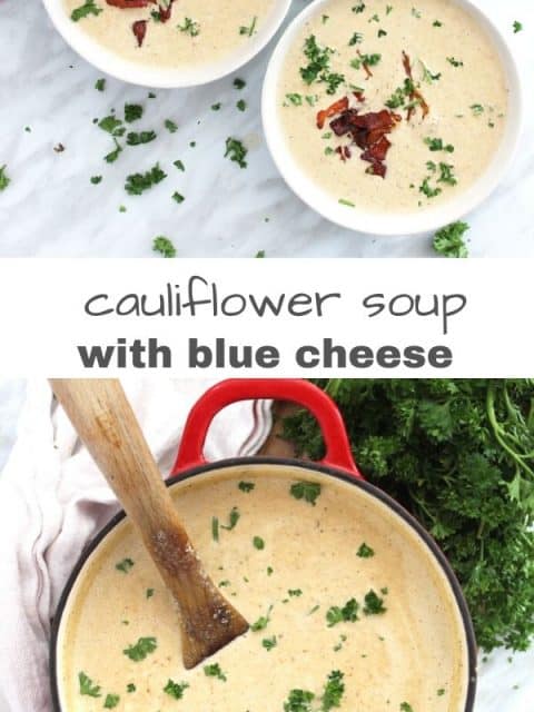 Pineterst graphic. Two photos of roasted cauliflower soup with text separator