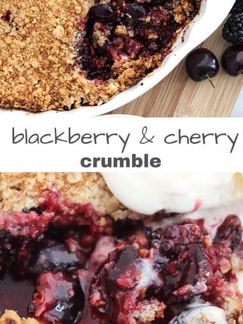Pinterest graphic. Two photos of teh blackberry and cherry crumble with text separator.
