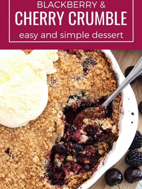 Pinterest image. A spoon in the cherry crumble with a text overlay