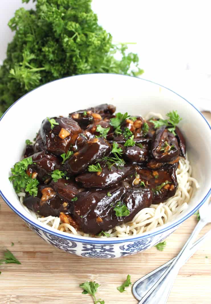 Baby eggplant in a large bowl served with noodles