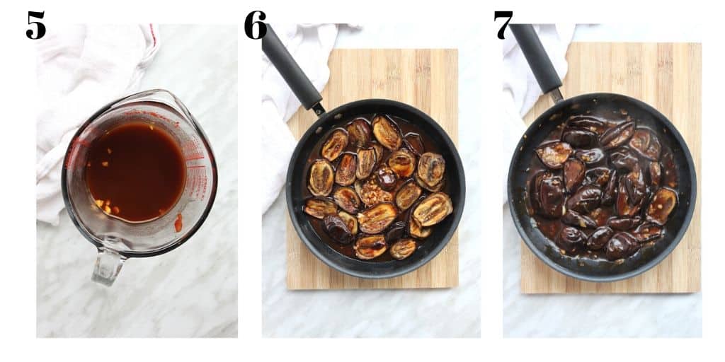 Process shots to show how to stir fry the eggplant