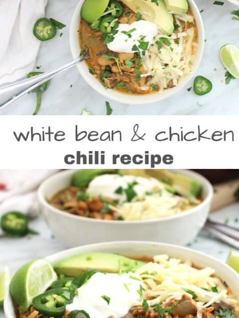 Pinterest graphic. Two shots of the white bean chili with text separator