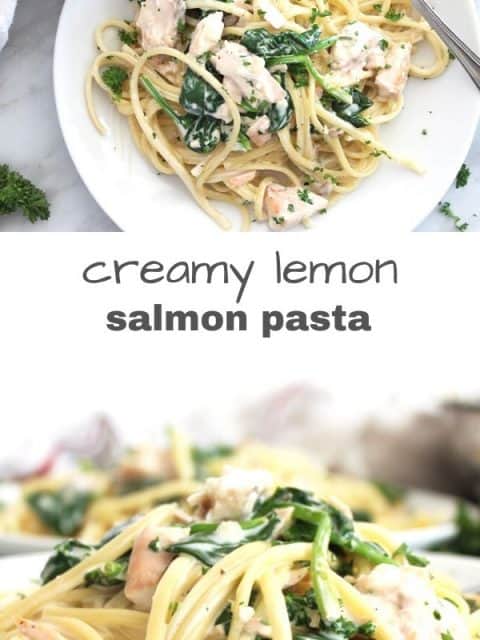 Pinterest graphic, Two shots of the creamy lemon salmon pasta with text separator