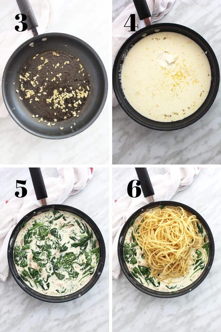 Four shots to show how to make the dish in a skillet