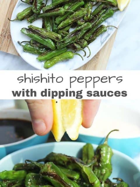 Pinterest graphic. Two shots of shishito peppers with a text overlay