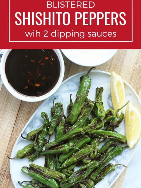 Pinterest graphic. Shishito peppers served with two dipping sauces