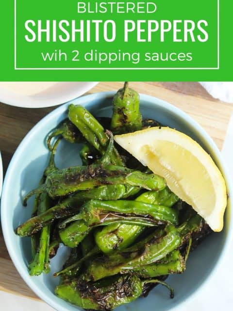 Pinterest graphic. A bowl of shishito peppers with a lemon wedge