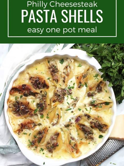 Pinterest graphic. Philly Cheesesteak stuffed shells with a text overlay