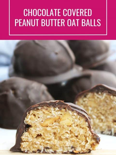 Pinterest graphic. Chocolate covered peanut butter balls with text overlay