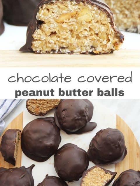 Pineterst graphic. Two photos of the chocolate oat balls with text