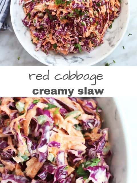 Pinterest graphic. Two shots of red cabbage slaw with text