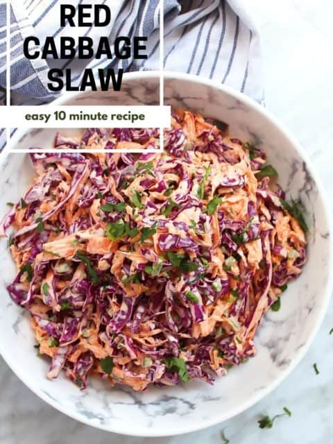 Pinterest graphic. Red cabbage slaw with text