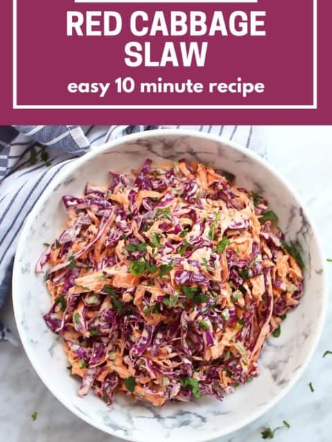 Pinterest graphic. Red cabbage slaw with text
