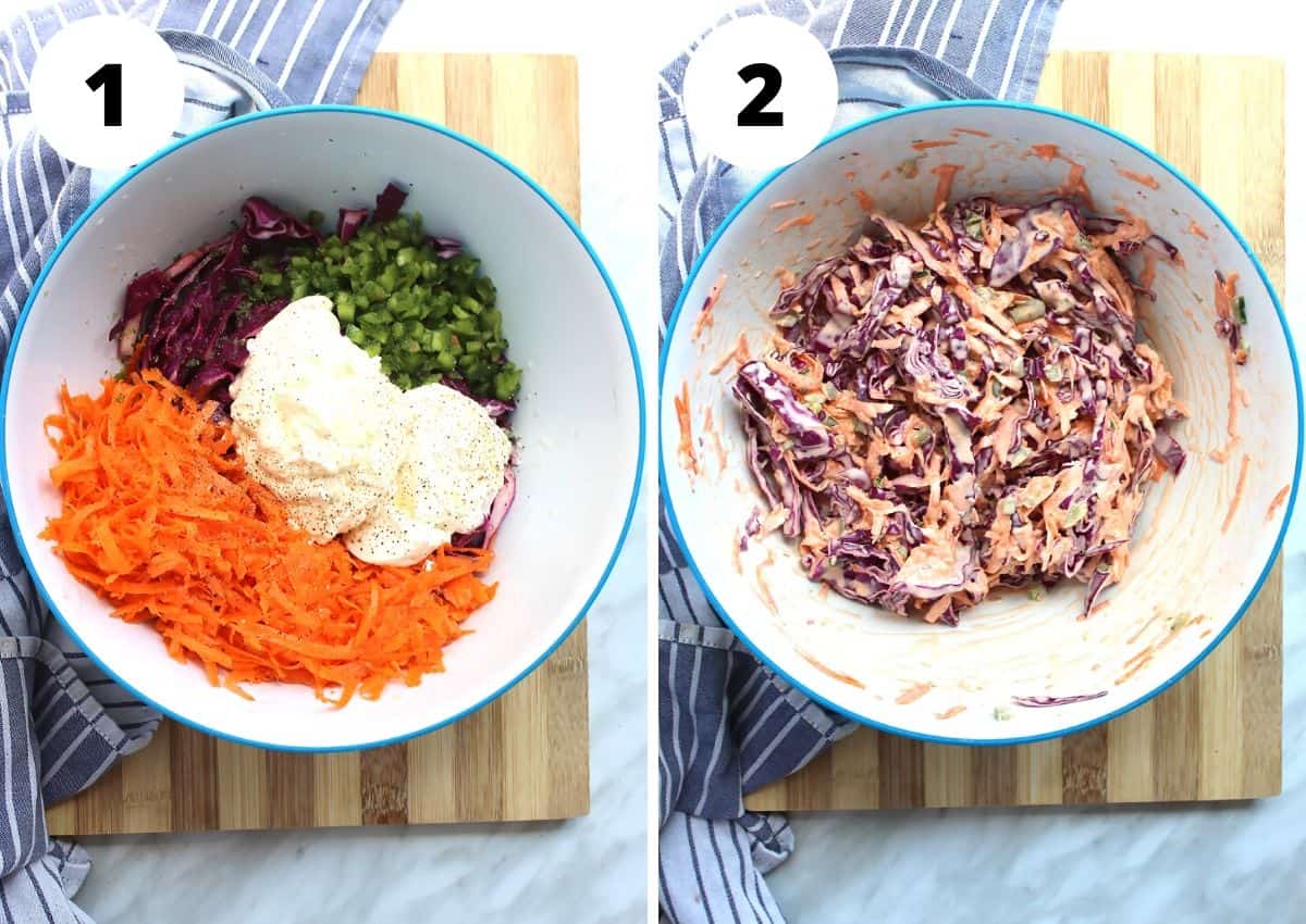 Two shots to show the coleslaw before and after mixing