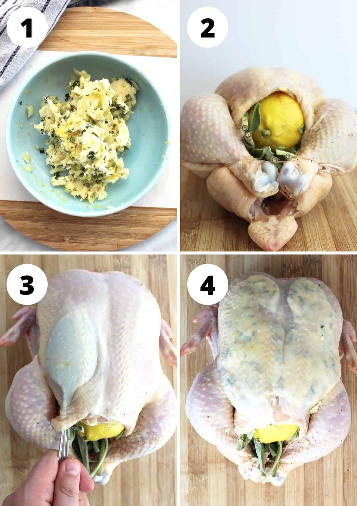 Four shots to show how to prep the chicken