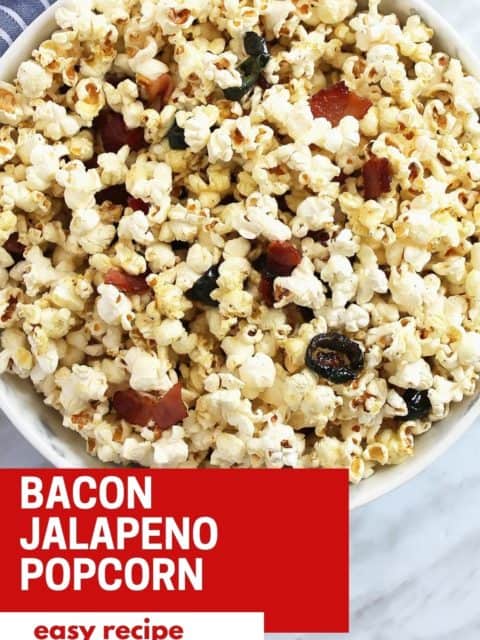Pinterest graphic. Bacon jalapeno popcorn with text
