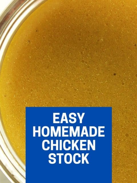 Pinterest graphic. Homemade chicken stock with text overlay.