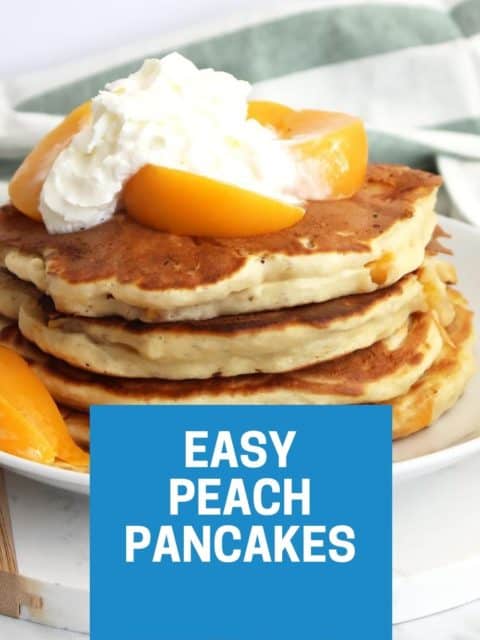 Pinterest graphic. Peach pancakes with text