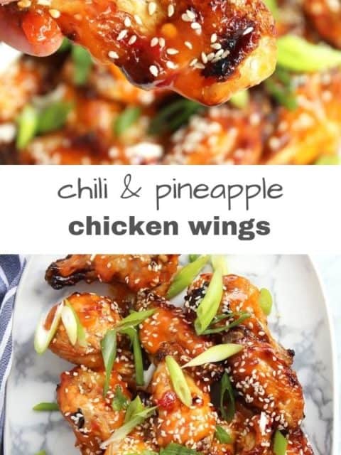 Pinterest graphic. Chili and pineapple chicken wings with text