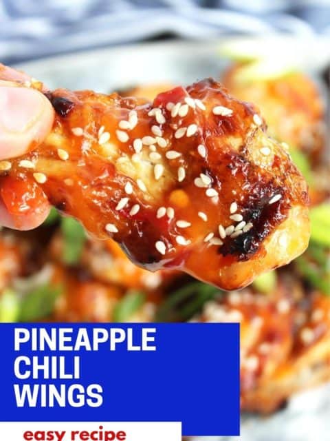 Pinterest graphic. Chili and pineapple chicken wings with text