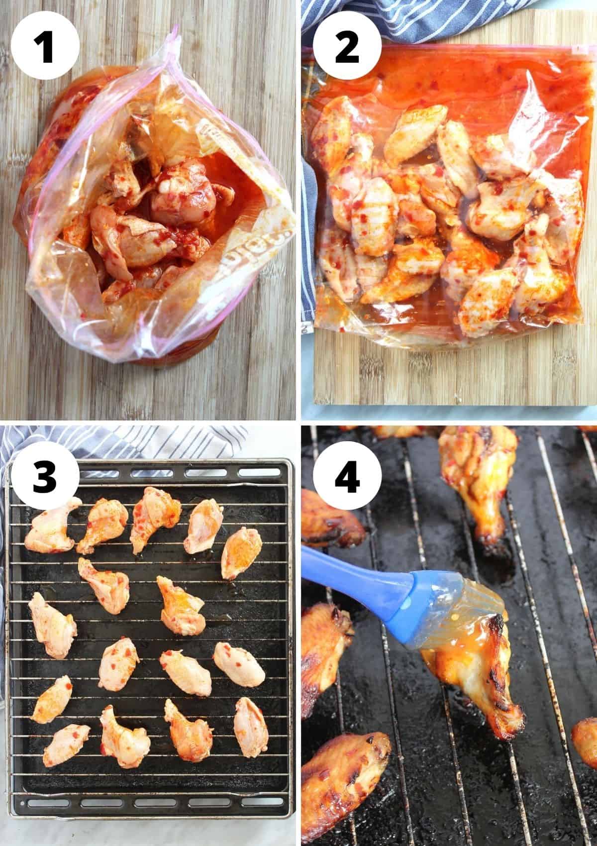 Four photos to show how to marinate and bake the chicken wings