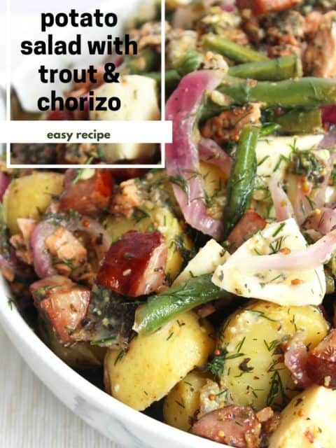 Pinterest graphic. Potato salad with chorizo with text