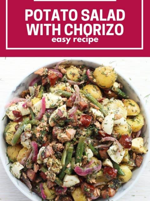 Pinterest graphic. Potato salad with chorizo with text