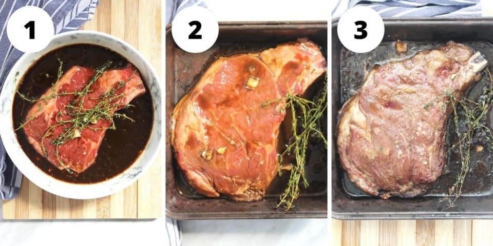 Three shots to show how to marinade and oven cook the steak