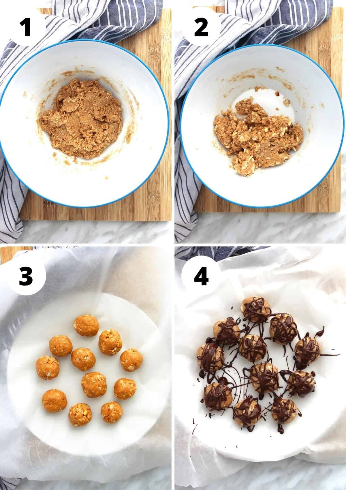 Four photos to show how to make the peanut butter bites