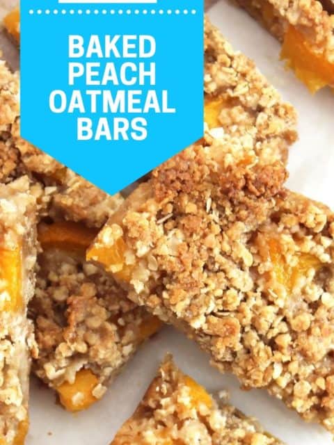 Pinterest graphic. Baked peach oatmeal bars with text.