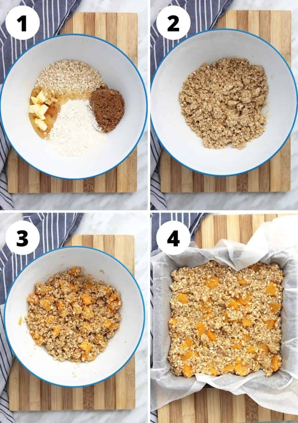 Four photos to show how to mix the ingredients and press into the tin.