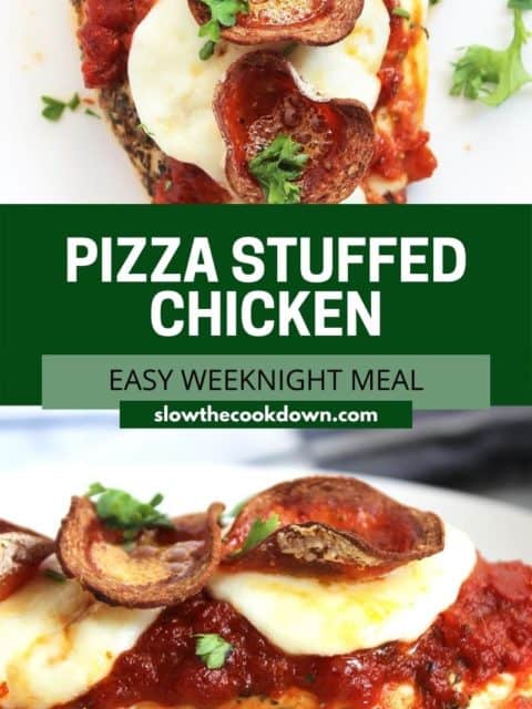 Pinterest graphic. Pizza stuffed chicken