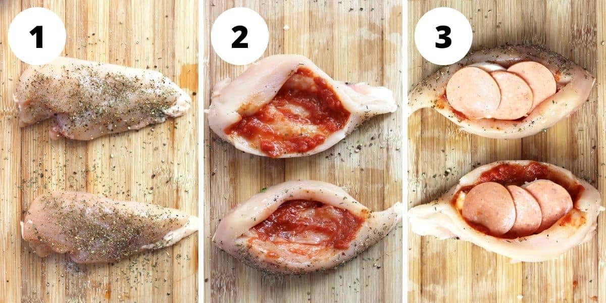 Three step by step photos showing how to season and stuff the chicken