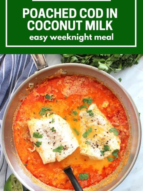 Pinterest graphic. Poached cod in coconut milk