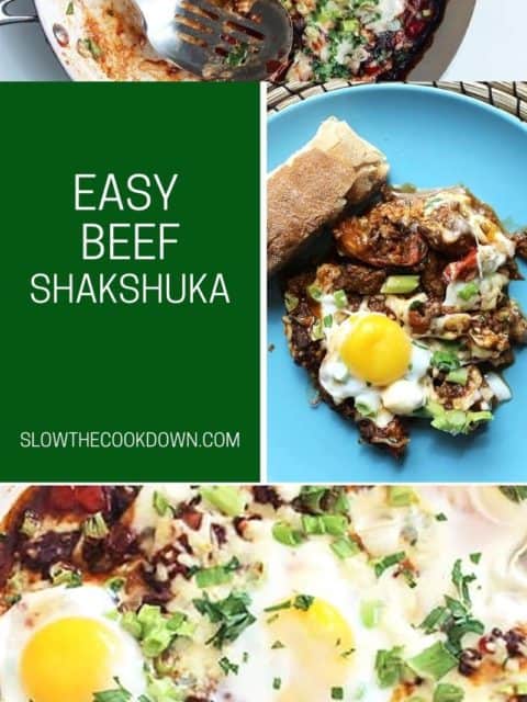 Pinterest graphic. Beef and egg shakshuka with egg