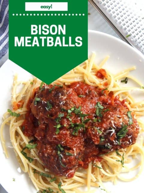 Pinterest graphic. Bison meatballs with text