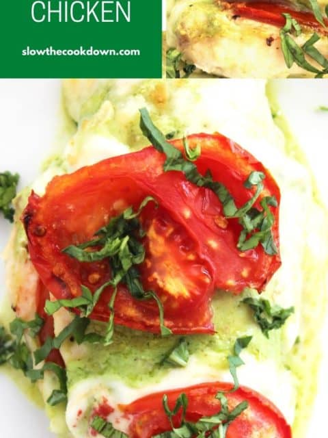 Pinterest graphic. Stuffed Caprese Chicken with text